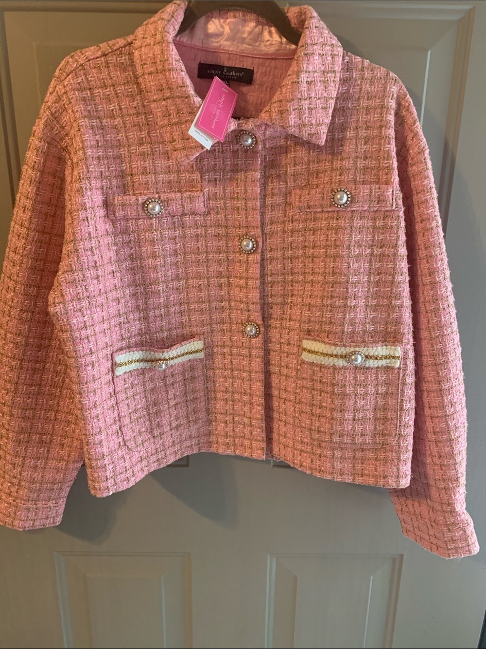 Simply Southern Pink-Gold Tweed Pearl & Gem Button Blazer NEW Women’s Size XL